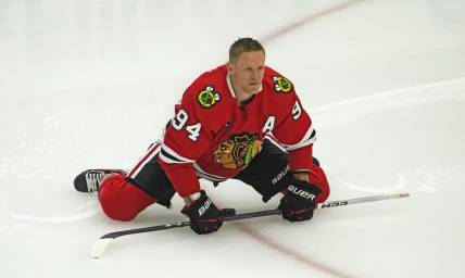 Nov 5, 2023; Chicago, Illinois, USA; Chicago Blackhawks right wing Corey Perry (94) warms up before the game against the New Jersey Devils at United Center. Mandatory Credit: David Banks-USA TODAY Sports