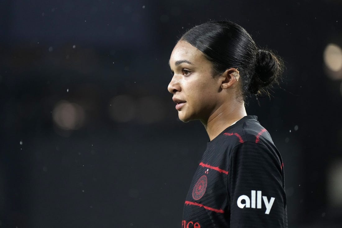 Nov 5, 2023; Portland, Oregon, USA; Portland Thorns FC forward Sophia Smith (9) looks on during the second half against New Jersey/New York Gotham FC at Providence Park. Mandatory Credit: Soobum Im-USA TODAY Sports