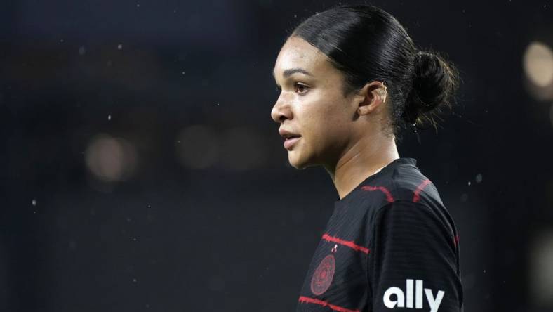 Nov 5, 2023; Portland, Oregon, USA; Portland Thorns FC forward Sophia Smith (9) looks on during the second half against New Jersey/New York Gotham FC at Providence Park. Mandatory Credit: Soobum Im-USA TODAY Sports