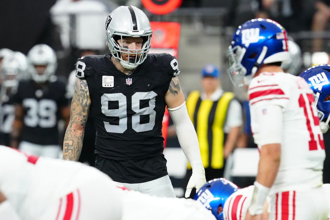 Nov 5, 2023; Paradise, Nevada, USA; Las Vegas Raiders defensive end Maxx Crosby (98) waits for the New York Giants to snap the ball during the second quarter at Allegiant Stadium. Mandatory Credit: Stephen R. Sylvanie-USA TODAY Sports