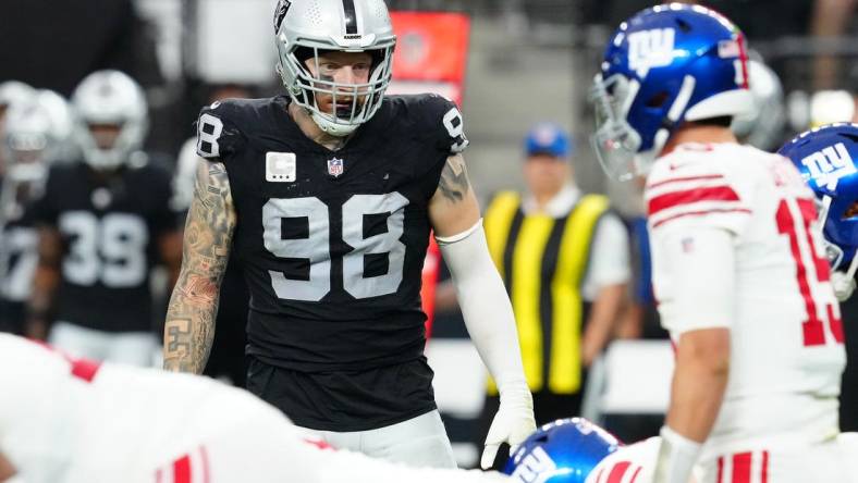 Nov 5, 2023; Paradise, Nevada, USA; Las Vegas Raiders defensive end Maxx Crosby (98) waits for the New York Giants to snap the ball during the second quarter at Allegiant Stadium. Mandatory Credit: Stephen R. Sylvanie-USA TODAY Sports