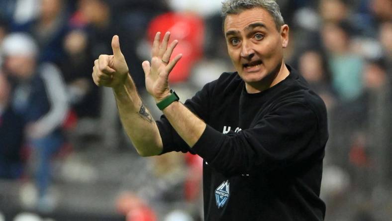 Nov 5, 2023; Vancouver, British Columbia, CAN; Vancouver Whitecaps FC head coach Vanni Sartini reacts to a play against Los Angeles FC during the second half of game two in a round one match of the 2023 MLS Cup Playoffs at BC Place. Mandatory Credit: Anne-Marie Sorvin-USA TODAY Sports