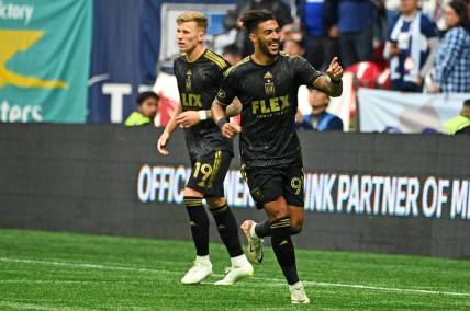 Nov 5, 2023; Vancouver, British Columbia, CAN;Los Angeles FC forward Denis Bouanga (99) celebrates after beating the Vancouver Whitecaps in game two in a round one match of the 2023 MLS Cup Playoffs at BC Place. Mandatory Credit: Simon Fearn-USA TODAY Sports