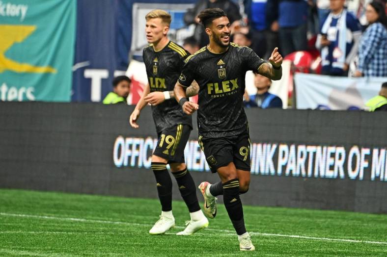 Nov 5, 2023; Vancouver, British Columbia, CAN;Los Angeles FC forward Denis Bouanga (99) celebrates after beating the Vancouver Whitecaps in game two in a round one match of the 2023 MLS Cup Playoffs at BC Place. Mandatory Credit: Simon Fearn-USA TODAY Sports