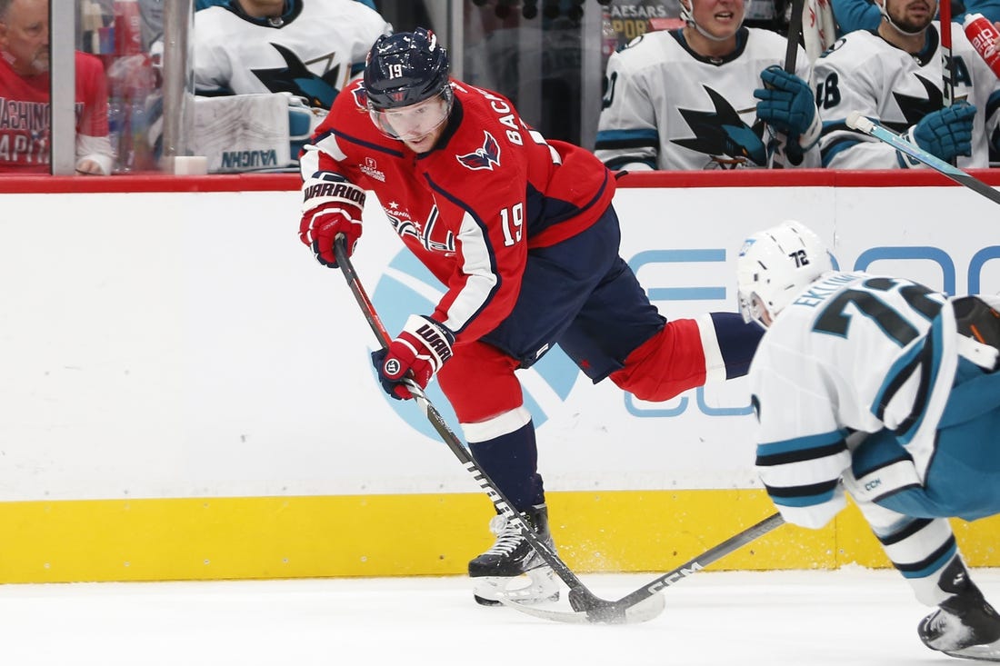 Oct 29, 2023; Washington, District of Columbia, USA; Washington Capitals center Nicklas Backstrom (19) controls the puck during the first period against the San Jose Sharks at Capital One Arena. Mandatory Credit: Amber Searls-USA TODAY Sports