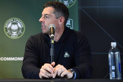 Nov 6, 2023; Boston, Massachusetts, USA;  Boston Common Golf player Rory McIlroy addresses a member of the media during a press conference at MGM Music Hall MassMutual Lounge. Mandatory Credit: Bob DeChiara-USA TODAY Sports