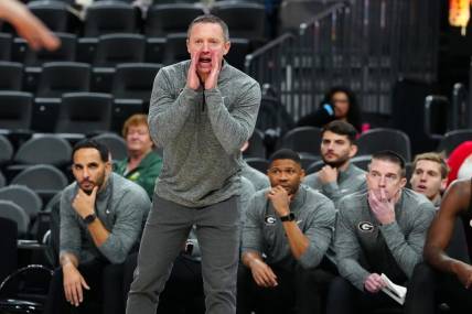 Nov 6, 2023; Las Vegas, Nevada, USA; Georgia Bulldogs head coach Mike White shouts from the sideline during the second half against the Oregon Ducks at T-Mobile Arena. Mandatory Credit: Stephen R. Sylvanie-USA TODAY Sports