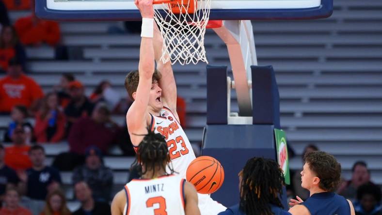 Nov 6, 2023; Syracuse, New York, USA; Syracuse Orange center Peter Carey (23) reacts to his dunk against the New Hampshire Wildcats during the first half at the JMA Wireless Dome. Mandatory Credit: Rich Barnes-USA TODAY Sports