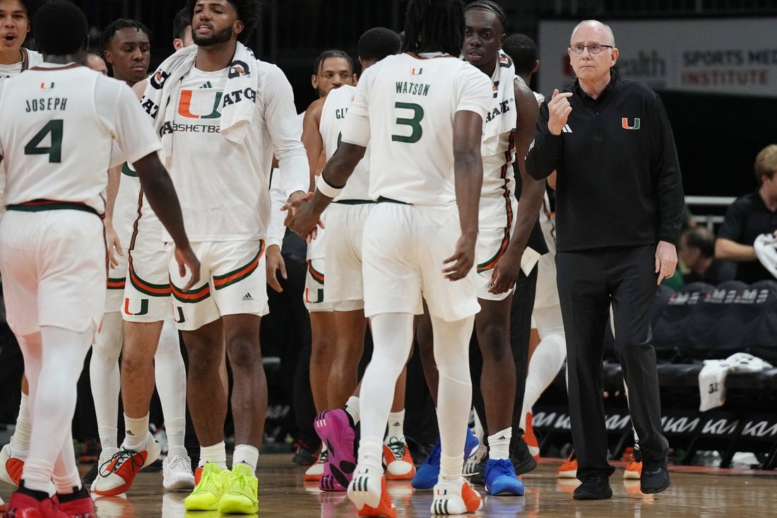 Nov 6, 2023; Coral Gables, Florida, USA; Miami (Fl) Hurricanes head coach Jim Larranaga talks to his team in the first half against the N.J.I.T Highlanders at Watsco Center. Mandatory Credit: Jim Rassol-USA TODAY Sports