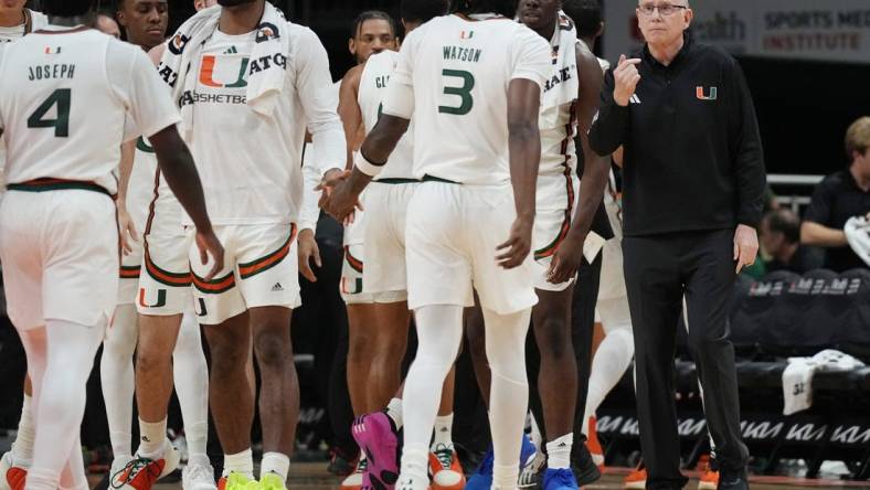 Nov 6, 2023; Coral Gables, Florida, USA; Miami (Fl) Hurricanes head coach Jim Larranaga talks to his team in the first half against the N.J.I.T Highlanders at Watsco Center. Mandatory Credit: Jim Rassol-USA TODAY Sports