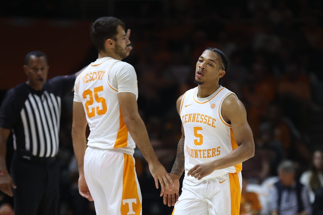 Nov 6, 2023; Knoxville, Tennessee, USA; Tennessee Volunteers guard Santiago Vescovi (25) and guard Zakai Zeigler (5) during the second half against the Tennessee Tech Golden Eagles at Food City Center at Thompson-Boling Arena. Mandatory Credit: Randy Sartin-USA TODAY Sports