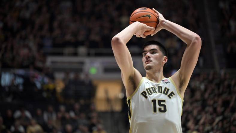 Nov 6, 2023; West Lafayette, Indiana, USA;Purdue Boilermakers center Zach Edey (15) shoots a free throw during the second half against the Samford Bulldogs  at Mackey Arena. Mandatory Credit: Marc Lebryk-USA TODAY Sports