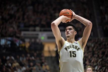 Nov 6, 2023; West Lafayette, Indiana, USA;Purdue Boilermakers center Zach Edey (15) shoots a free throw during the second half against the Samford Bulldogs  at Mackey Arena. Mandatory Credit: Marc Lebryk-USA TODAY Sports