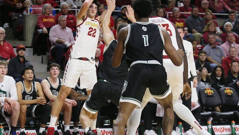 Iowa State Cyclones forward Milan Momcilovic (22) takes a three-point shot over Green Bay Defenders during the first half at Hilton Coliseum on Monday, Nov. 6, 2023, in Ames, Iowa.