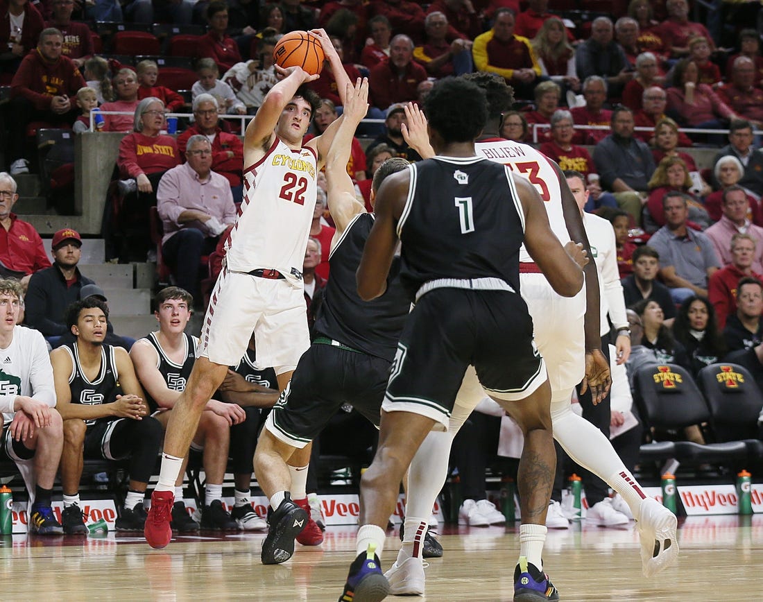 Iowa State Cyclones forward Milan Momcilovic (22) takes a three-point shot over Green Bay Defenders during the first half at Hilton Coliseum on Monday, Nov. 6, 2023, in Ames, Iowa.