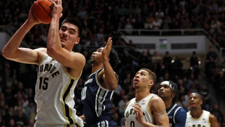 Purdue Boilermakers center Zach Edey (15) grabs a rebound during the NCAA men   s basketball game against the Samford Bulldogs, Monday, Nov. 6, 2023, at Mackey Arena in West Lafayette, Ind. Purdue Boilermakers won 98-45.