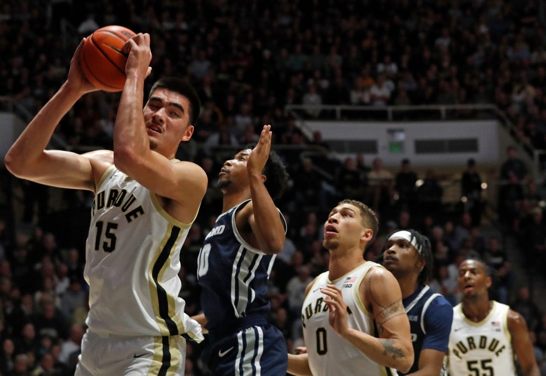 Purdue Boilermakers center Zach Edey (15) grabs a rebound during the NCAA men   s basketball game against the Samford Bulldogs, Monday, Nov. 6, 2023, at Mackey Arena in West Lafayette, Ind. Purdue Boilermakers won 98-45.