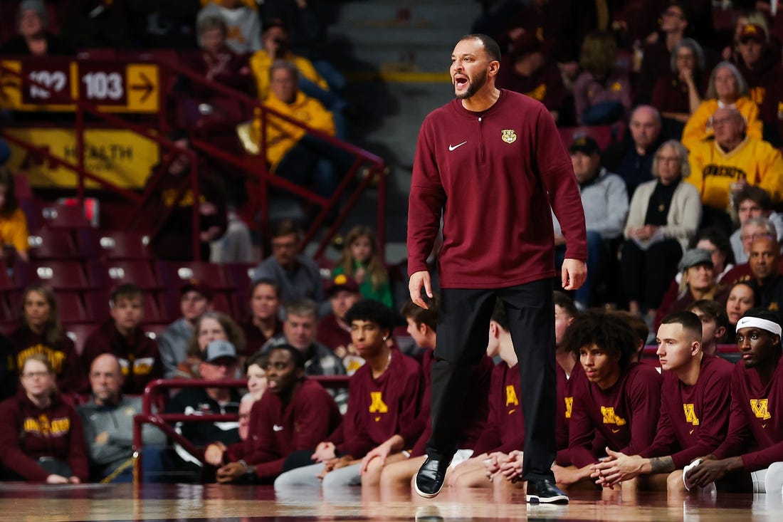 Nov 6, 2023; Minneapolis, Minnesota, USA; Minnesota Golden Gophers head coach Ben Johnson reacts during the first half against the Bethune-Cookman Wildcats at Williams Arena. Mandatory Credit: Matt Krohn-USA TODAY Sports