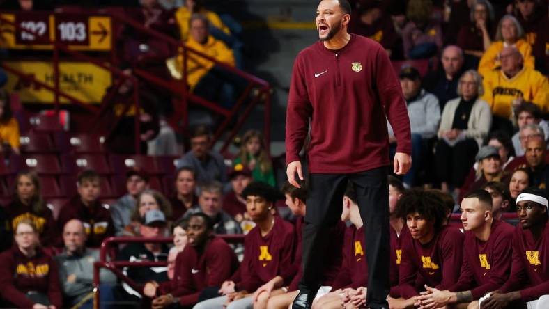 Nov 6, 2023; Minneapolis, Minnesota, USA; Minnesota Golden Gophers head coach Ben Johnson reacts during the first half against the Bethune-Cookman Wildcats at Williams Arena. Mandatory Credit: Matt Krohn-USA TODAY Sports