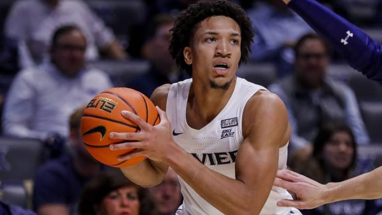 Nov 6, 2023; Cincinnati, Ohio, USA; Xavier Musketeers guard Desmond Claude (1) plays the court against the Robert Morris Colonials in the first half at Cintas Center. Mandatory Credit: Katie Stratman-USA TODAY Sports