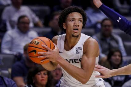 Nov 6, 2023; Cincinnati, Ohio, USA; Xavier Musketeers guard Desmond Claude (1) plays the court against the Robert Morris Colonials in the first half at Cintas Center. Mandatory Credit: Katie Stratman-USA TODAY Sports