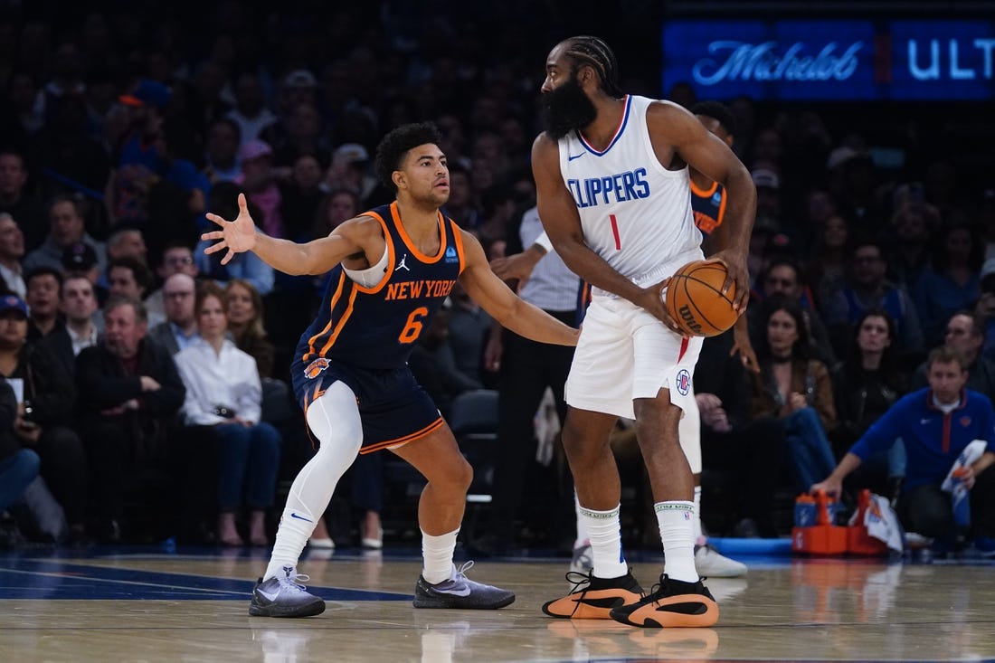 Nov 6, 2023; New York, New York, USA; New York Knicks shooting guard Quentin Grimes (6) defends against Los Angeles Clipper shooting guard James Harden (1) during the first half at Madison Square Garden. Mandatory Credit: Gregory Fisher-USA TODAY Sports