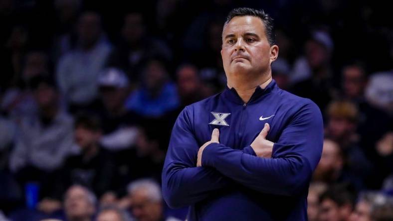 Nov 6, 2023; Cincinnati, Ohio, USA; Xavier Musketeers head coach Sean Miller during the first half in the game against the Robert Morris Colonials at Cintas Center. Mandatory Credit: Katie Stratman-USA TODAY Sports