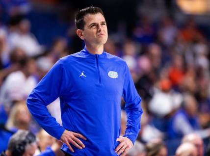 Florida Gators head coach Todd Golden grimaces from the sideline. The Florida men   s basketball team hosted the Loyola Greyhounds at Exactech Arena at the Stephen C. O   Connell Center in Gainesville, FL on Monday, November 6, 2023 in the season opener. [Doug Engle/Ocala Star Banner]