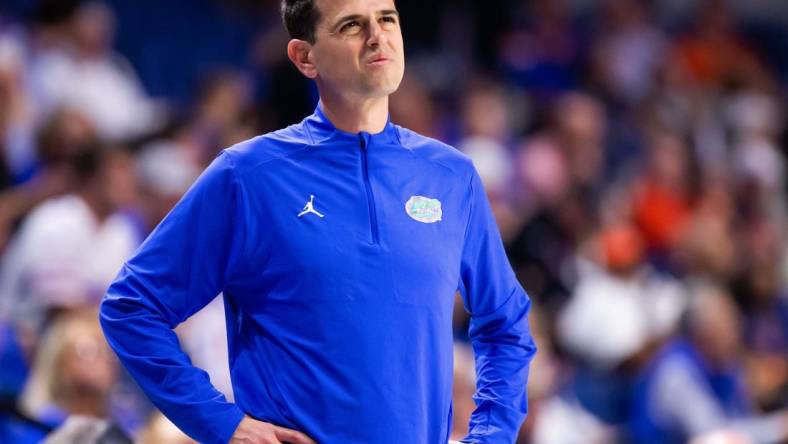 Florida Gators head coach Todd Golden grimaces from the sideline. The Florida men   s basketball team hosted the Loyola Greyhounds at Exactech Arena at the Stephen C. O   Connell Center in Gainesville, FL on Monday, November 6, 2023 in the season opener. [Doug Engle/Ocala Star Banner]