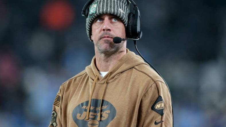 Nov 6, 2023; East Rutherford, New Jersey, USA; New York Jets injured quarterback Aaron Rodgers reacts during the fourth quarter against the Los Angeles Chargers at MetLife Stadium. Mandatory Credit: Brad Penner-USA TODAY Sports