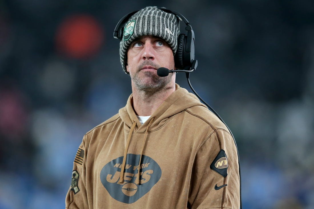 Nov 6, 2023; East Rutherford, New Jersey, USA; New York Jets injured quarterback Aaron Rodgers reacts during the fourth quarter against the Los Angeles Chargers at MetLife Stadium. Mandatory Credit: Brad Penner-USA TODAY Sports