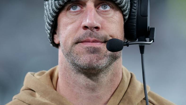 Nov 6, 2023; East Rutherford, New Jersey, USA; New York Jets injured quarterback Aaron Rodgers reacts during the third quarter against the Los Angeles Chargers at MetLife Stadium. Mandatory Credit: Brad Penner-USA TODAY Sports