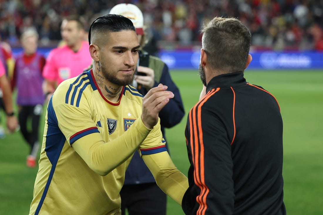 Nov 6, 2023; Sandy, Utah, USA;  Real Salt Lake forward Cristian Arango (9) following the victory against Houston Dynamo at America First Field. Mandatory Credit: Rob Gray-USA TODAY Sports