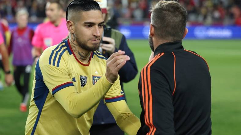 Nov 6, 2023; Sandy, Utah, USA;  Real Salt Lake forward Cristian Arango (9) following the victory against Houston Dynamo at America First Field. Mandatory Credit: Rob Gray-USA TODAY Sports