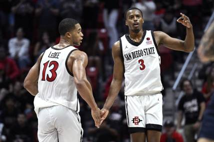 Nov 6, 2023; San Diego, California, USA; San Diego State Aztecs guard Micah Parrish (3) celebrates with forward Jaedon LeDee (13) after a three-point basket against the Cal State Fullerton Titans during the second half at Viejas Arena. Mandatory Credit: Orlando Ramirez-USA TODAY Sports