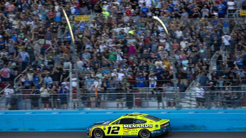 Nov 5, 2023; Avondale, Arizona, USA; NASCAR Cup Series driver Ryan Blaney (12) during the Championship Race at Phoenix Raceway. Mandatory Credit: Mark J. Rebilas-USA TODAY Sports