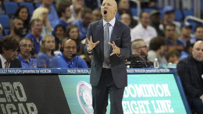 Nov 6, 2023; Los Angeles, California, USA;  UCLA Bruins head coach Mick Cronin reacts to a play during the second half against the St. Francis (Pa) Red Flash at Pauley Pavilion presented by Wescom. Mandatory Credit: Kiyoshi Mio-USA TODAY Sports