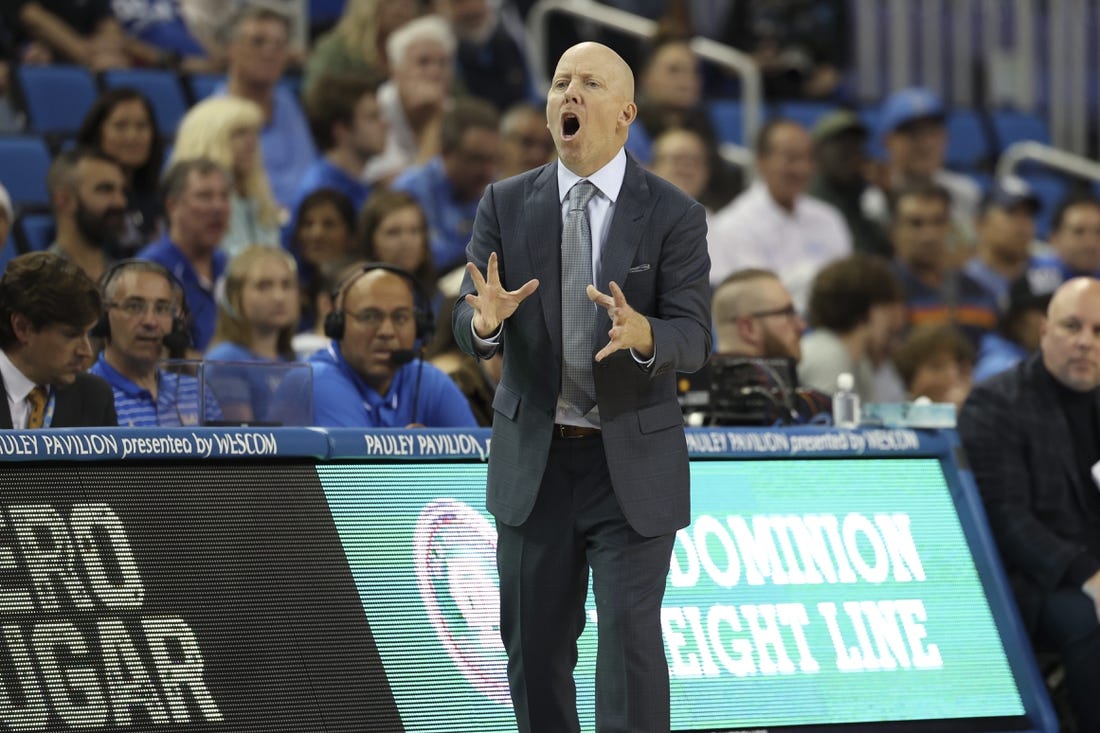 Nov 6, 2023; Los Angeles, California, USA;  UCLA Bruins head coach Mick Cronin reacts to a play during the second half against the St. Francis (Pa) Red Flash at Pauley Pavilion presented by Wescom. Mandatory Credit: Kiyoshi Mio-USA TODAY Sports