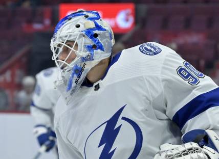 Nov 7, 2023; Montreal, Quebec, CAN; Tampa Bay Lightning goalie Matt Tomkins (90) skates during the warmup period before the game against the Montreal Canadiens at the Bell Centre. Mandatory Credit: Eric Bolte-USA TODAY Sports