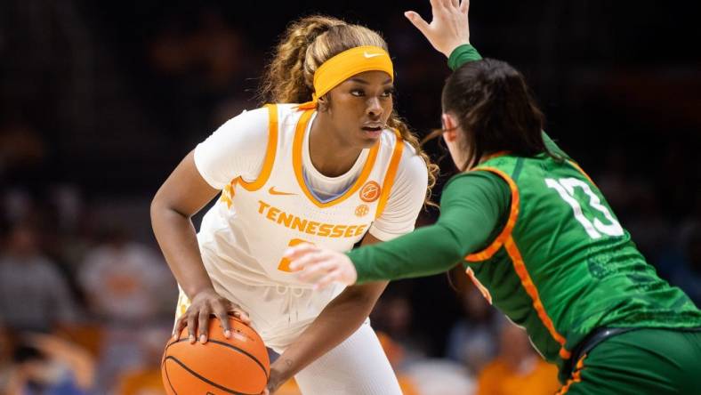 Tennessee forward Rickea Jackson (2) is defended by Florida A&M guard Ivet Subirats (13) during a game between Tennessee and Florida A&M in Knoxville on Tuesday, November 7, 2023.