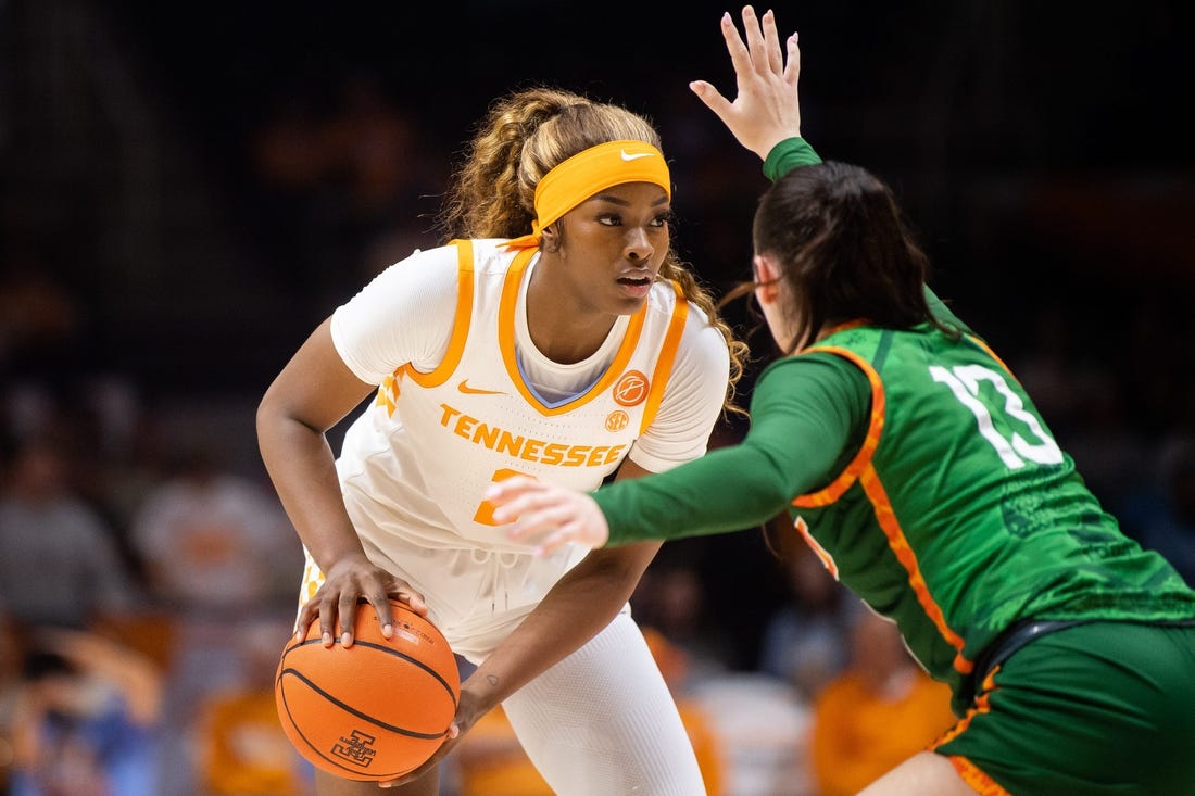 Tennessee forward Rickea Jackson (2) is defended by Florida A&M guard Ivet Subirats (13) during a game between Tennessee and Florida A&M in Knoxville on Tuesday, November 7, 2023.