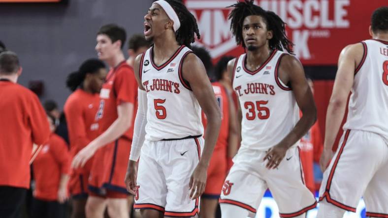 Nov 7, 2023; Queens, New York, USA; St. John's Red Storm guard Daniss Jenkins (5) celebrates with his teammates after a timeout is called by the Stony Brook Seawolves in the first half at Carnesecca Arena. Mandatory Credit: Wendell Cruz-USA TODAY Sports