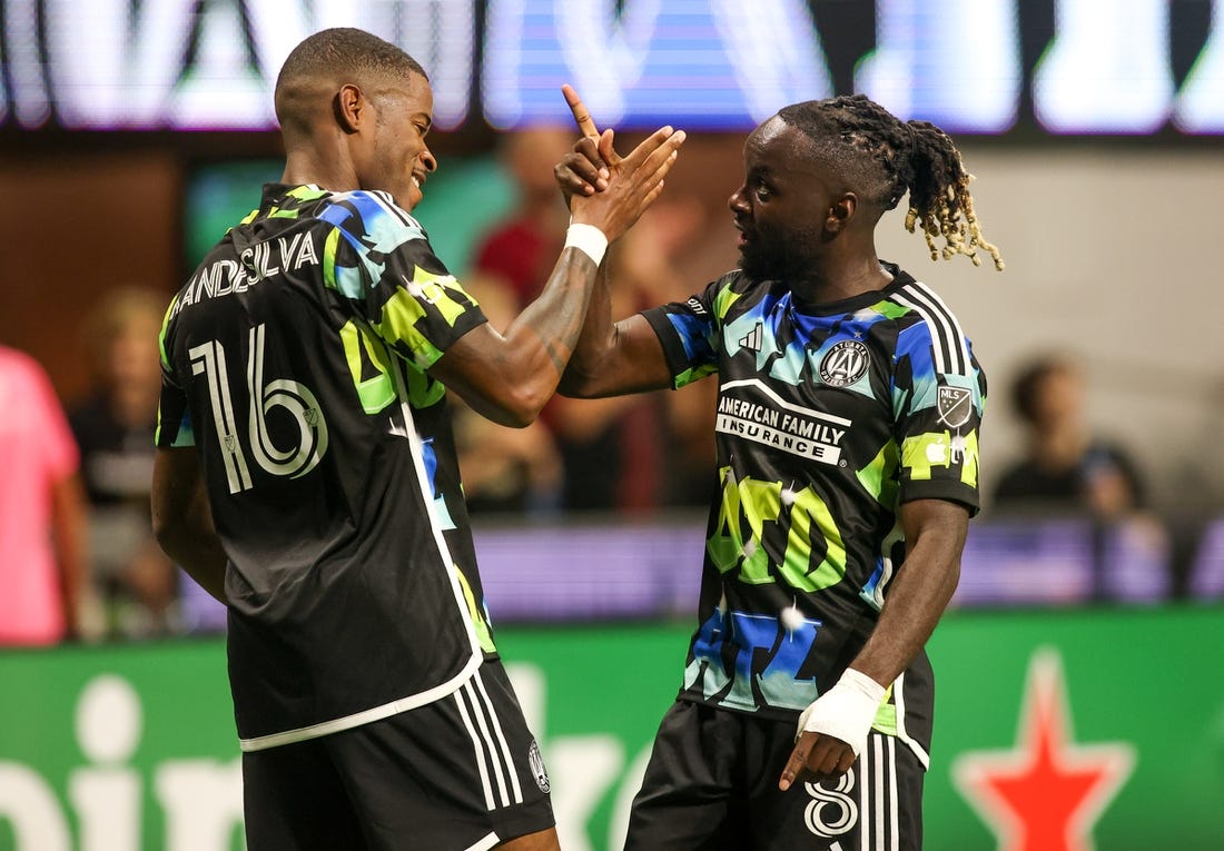 Nov 7, 2023; Atlanta, Georgia, USA; Atlanta United forward 
Xande Silva (16) celebrates with midfielder Tristan Muyumba (8) after scoring a goal in the first half against Columbus Crew at Mercedes-Benz Stadium. Mandatory Credit: Brett Davis -USA TODAY Sports