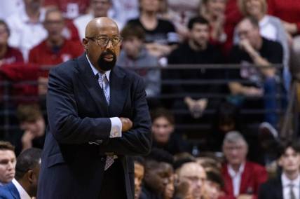 Nov 7, 2023; Bloomington, Indiana, USA; Indiana Hoosiers head coach Mike Woodson in the first half against the Florida Gulf Coast Eagles at Simon Skjodt Assembly Hall. Mandatory Credit: Trevor Ruszkowski-USA TODAY Sports