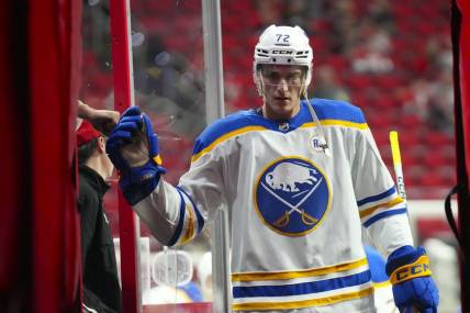 Nov 7, 2023; Raleigh, North Carolina, USA; Buffalo Sabres right wing Tage Thompson (72) comes off the ice after the warmups before the game against the Carolina Hurricanes at PNC Arena. Mandatory Credit: James Guillory-USA TODAY Sports