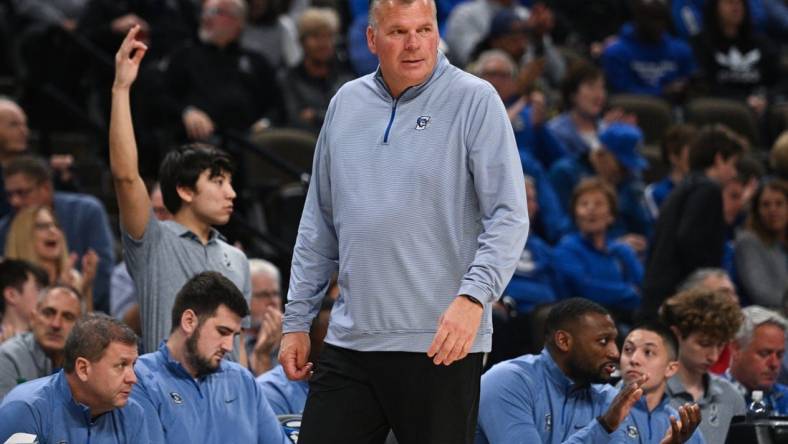 Nov 7, 2023; Omaha, Nebraska, USA;  Creighton Bluejays head coach Greg McDermott watches action against the Florida A&M Rattlers in the second half at CHI Health Center Omaha. Mandatory Credit: Steven Branscombe-USA TODAY Sports