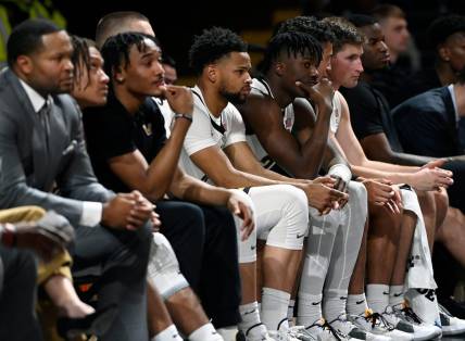 Vanderbilt players sit on the bench with a minute left to play during the second half of an NCAA college basketball game against Presbyterian Tuesday, Nov. 7, 2023, in Nashville, Tenn. Vanderbilt lost 68-62.