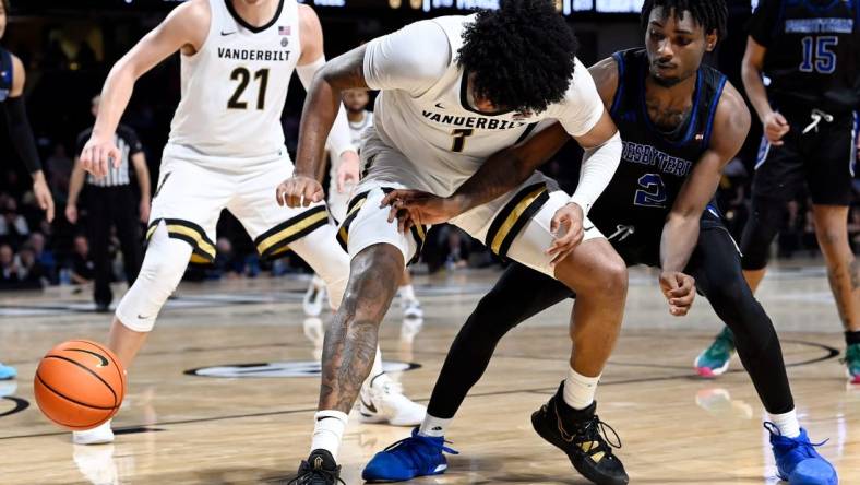 Vanderbilt forward Colin Smith (1) loses control of the ball as Presbyterian guard Samage Teel (2) reaches in during the second half of an NCAA college basketball game Tuesday, Nov. 7, 2023, in Nashville, Tenn. Vanderbilt lost 68-62.