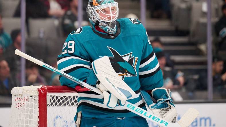 Nov 7, 2023; San Jose, California, USA; San Jose Sharks goaltender Mackenzie Blackwood (29) stands in the goal crease during a stoppage of play against the Philadelphia Flyers during the first period at SAP Center at San Jose. Mandatory Credit: Robert Edwards-USA TODAY Sports