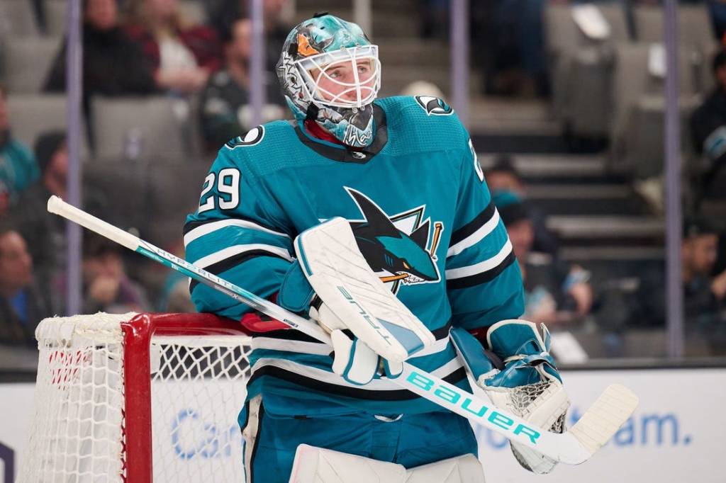 Nov 7, 2023; San Jose, California, USA; San Jose Sharks goaltender Mackenzie Blackwood (29) stands in the goal crease during a stoppage of play against the Philadelphia Flyers during the first period at SAP Center at San Jose. Mandatory Credit: Robert Edwards-USA TODAY Sports